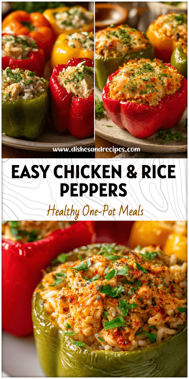 Colorful red and green bell peppers stuffed with chicken and rice on a serving plate.